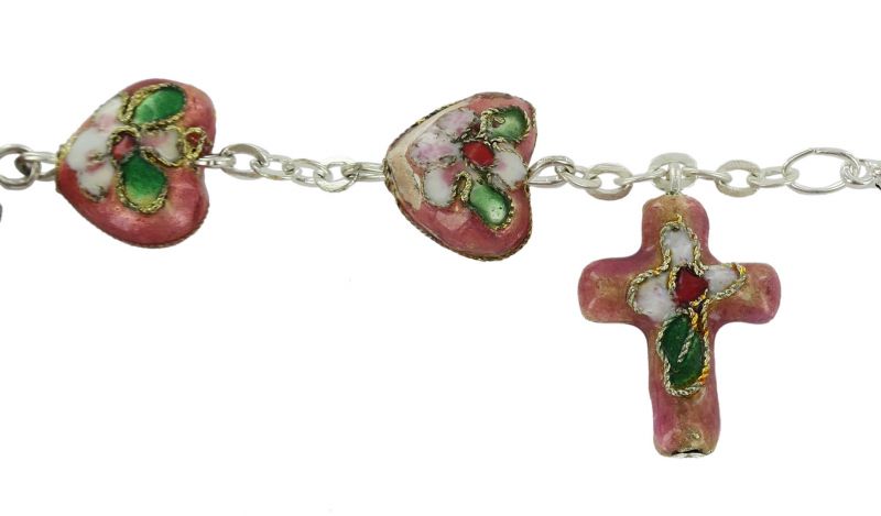 braccialetto cloisonnè con 11 grani a cuore e croce - rosa 