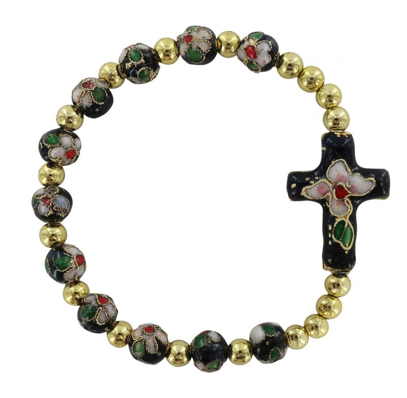 braccialetto con elastico cloisonnè con 21 grani e croce di colore nero 