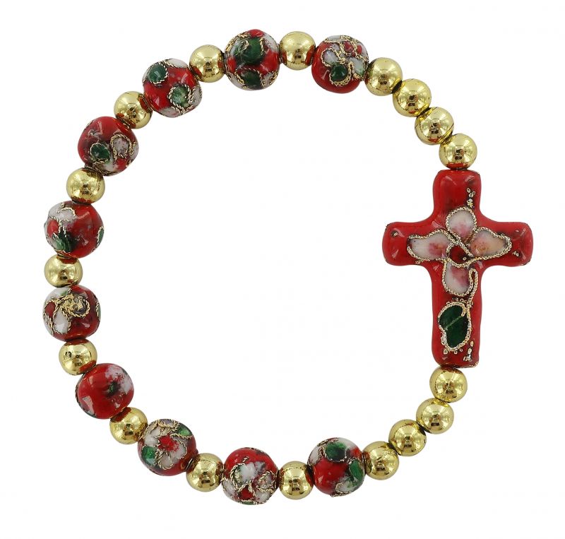 braccialetto con elastico cloisonnè con 21 grani e croce di colore rosso 