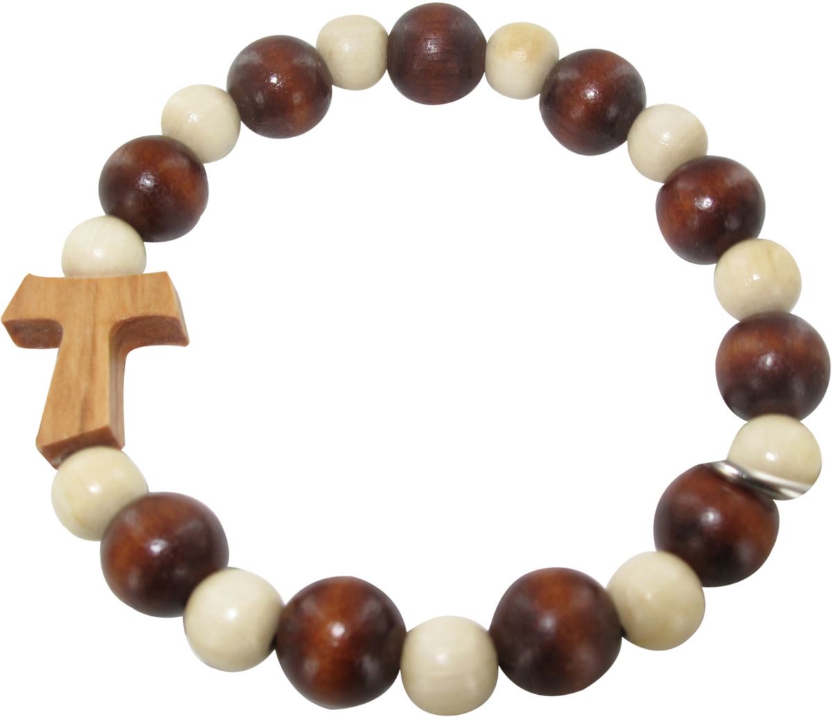 braccialetto elastico con grani in legno bicolore e croce tau - circonferenza 19 cm