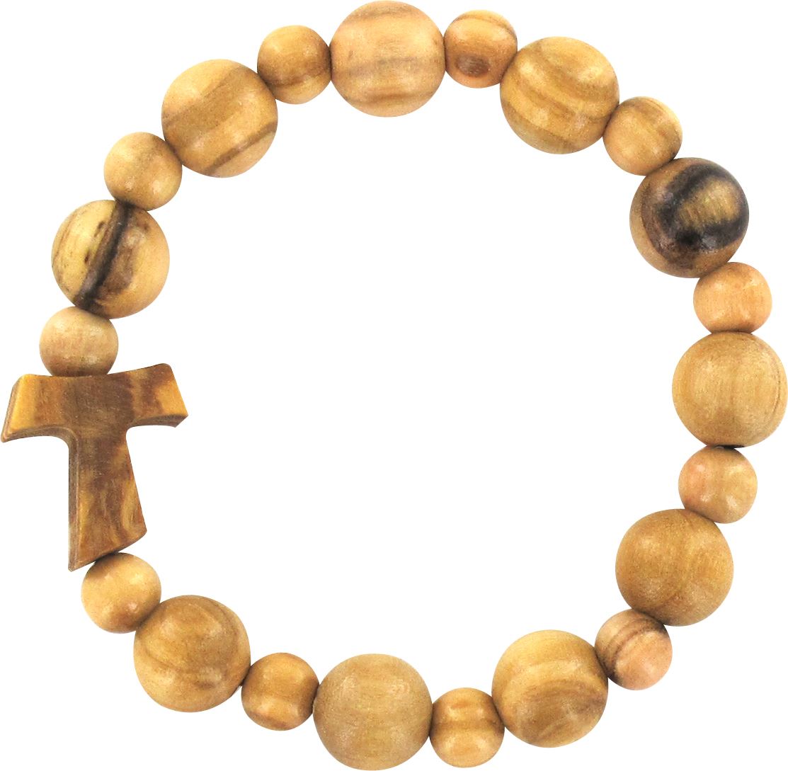 braccialetto elastico con croce tau e grani in legno ulivo