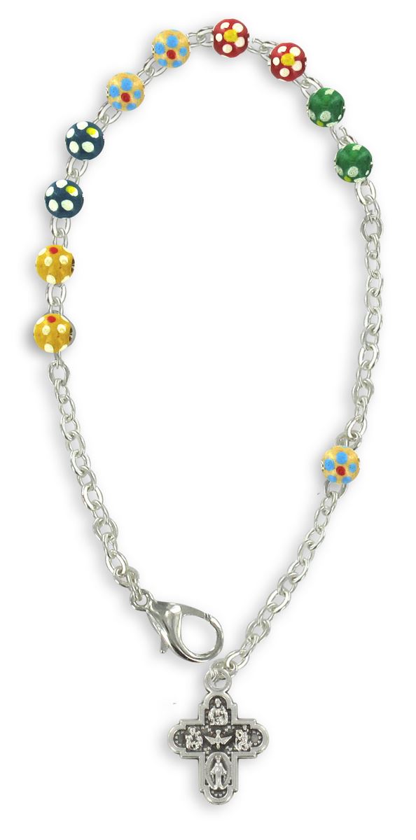 braccialetto rosario missionario, legno tondo fiorato e metallo, multicolore