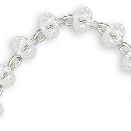 braccialetto rosario con 11 grani in cristallo di colore bianco e croce