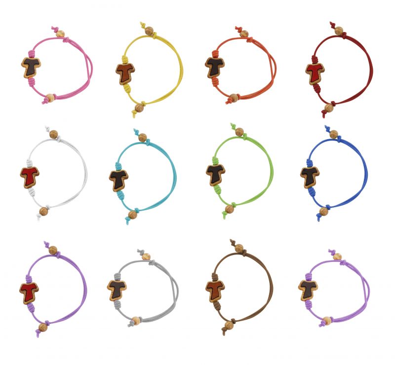 braccialetto corda croce tau ulivo con inserto in cuoio colori assortiti