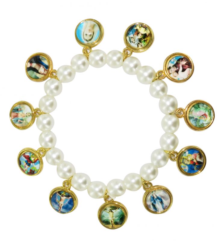 braccialetto perla bianca con santi