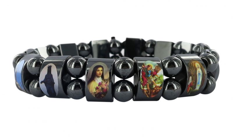 braccialetto dei santi, bigiotteria a tema religioso, elastico, ematite, grigio scuro effetto lucido, unisex