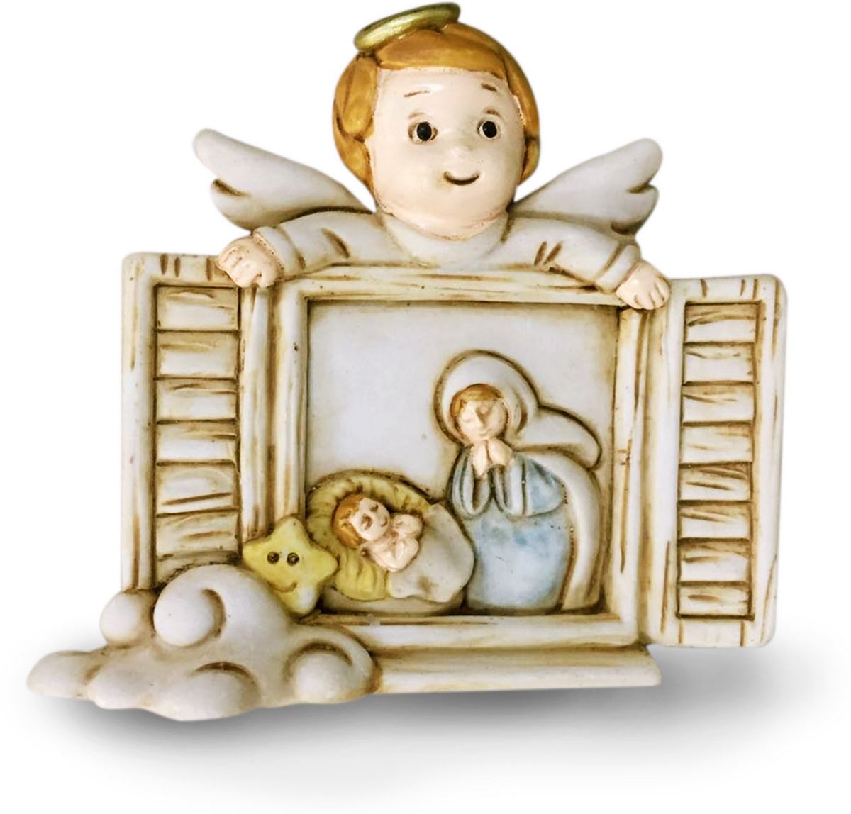 quadretto soprammobile/per scrivania angioletto e madonna con bambino, in resina beige (8 x 7,5 x 1,5 cm)