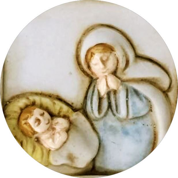 quadretto soprammobile/per scrivania angioletto e madonna con bambino, in resina beige (8 x 7,5 x 1,5 cm)