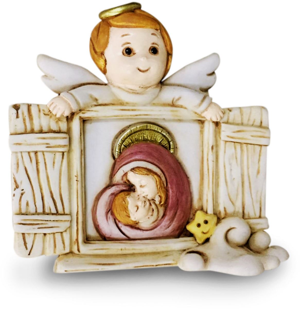quadretto soprammobile/per scrivania angioletto e madonna con bambino, in resina beige (8 x 7,5 x 2 cm)