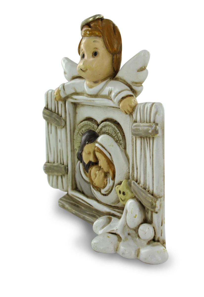 quadretto soprammobile/per scrivania, angioletto alla finestra con natività, in resina bianca (8 cm)