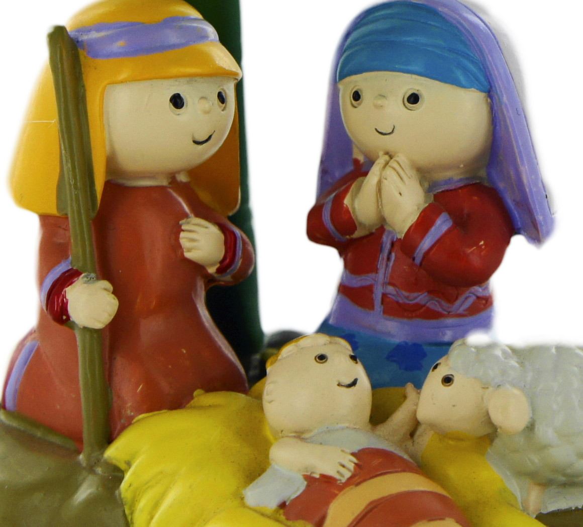 presepe per bambini: natività in resina con palma da 8 cm