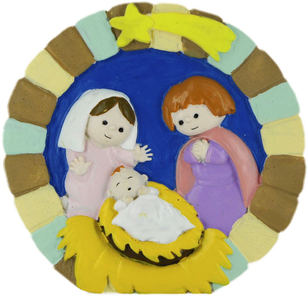 presepe per bambini: natività tonda in resina colorata da 8 cm