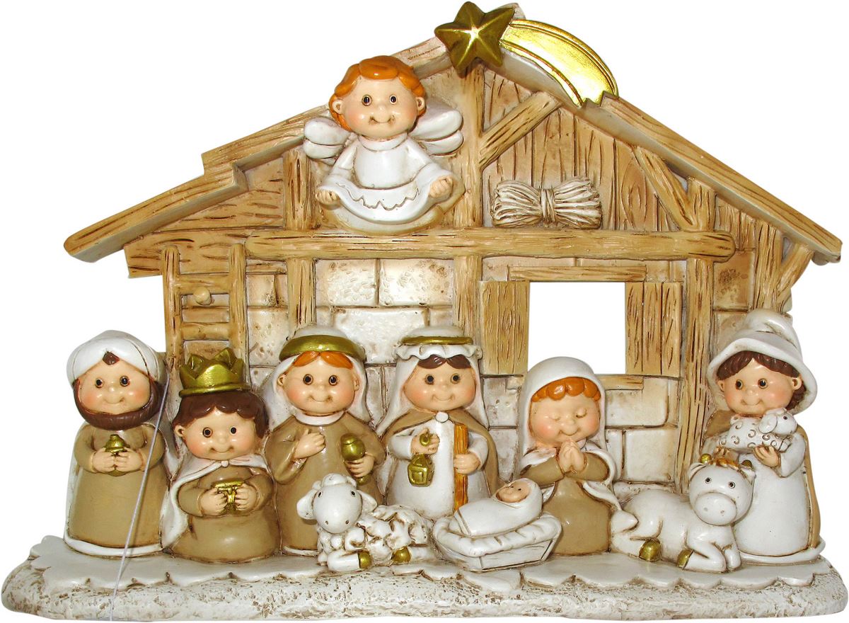 presepe con capanna in resina con 10 personaggi cm. 15 x 22