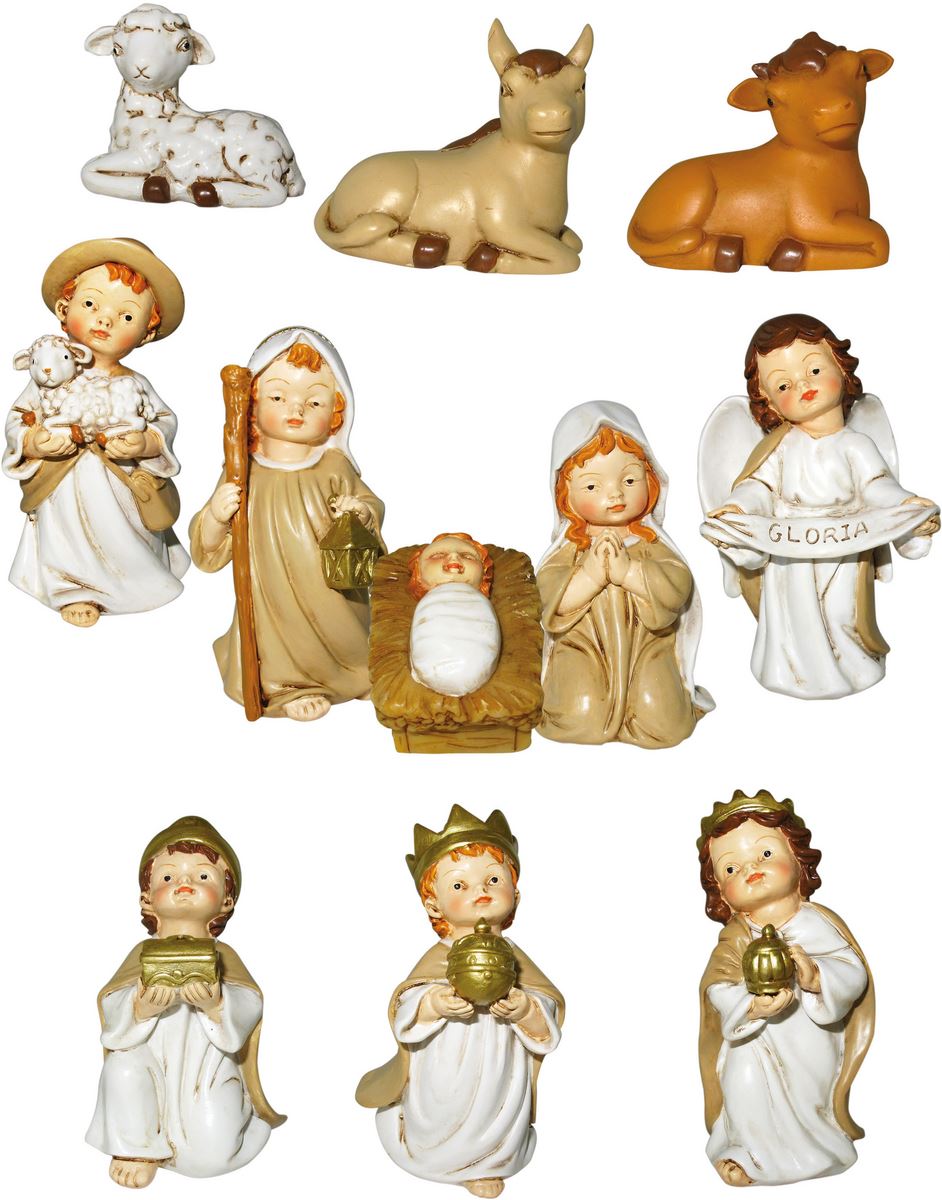 presepe per bambini: set statuine natività in resina con 11 personaggi fino a 9,5 cm d'altezza