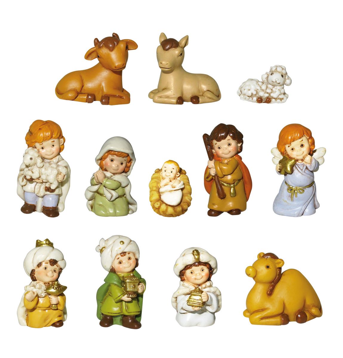 statuine natività: set piccolo presepe da 12 personaggi, in resina colorata (altezza 4 cm circa)