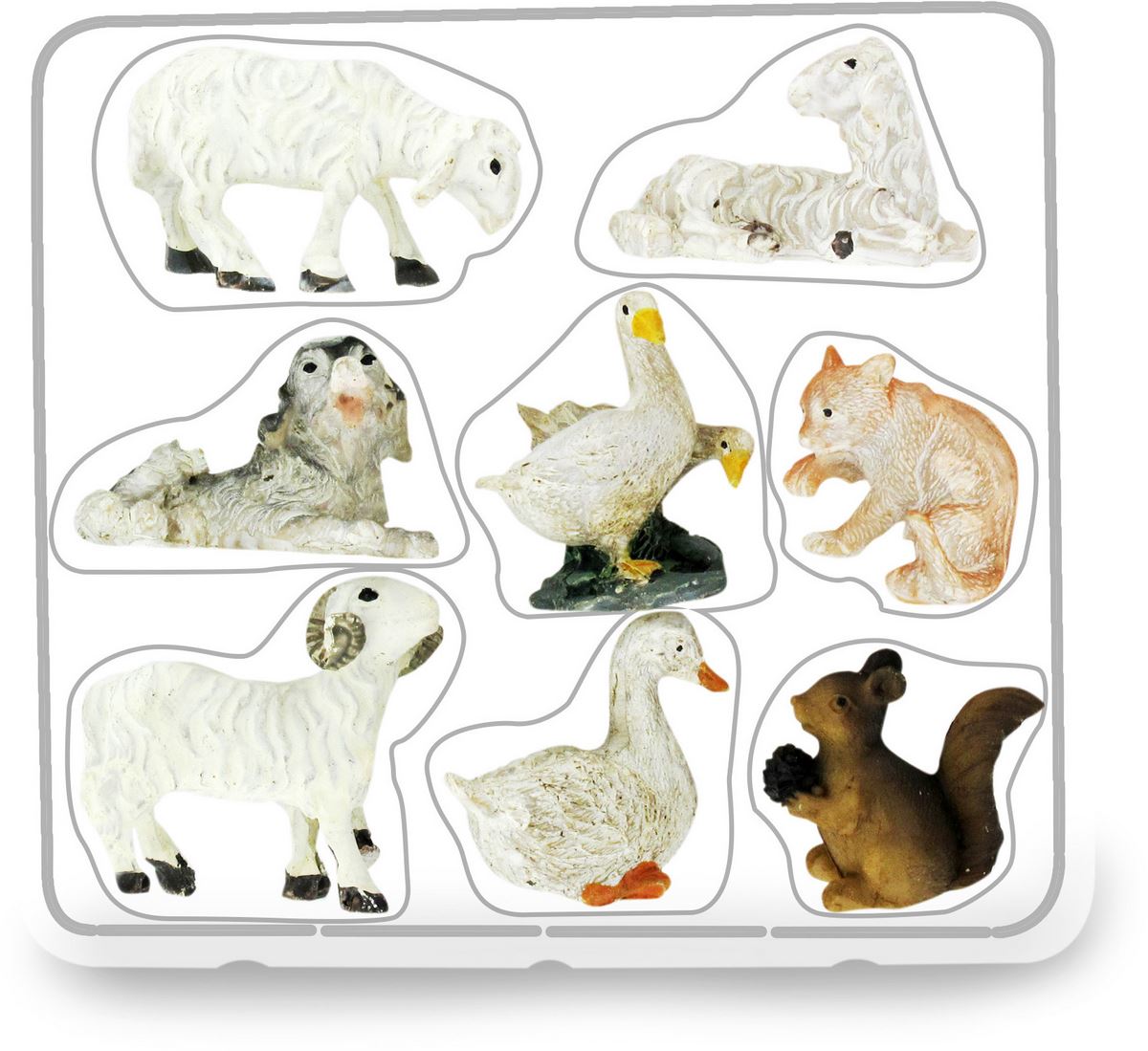 statuine animali presepe: set 8 statuette pecore, cane, oche, gatto, scoiattolo, in resina dipinta a mano (circa 2,5 cm)