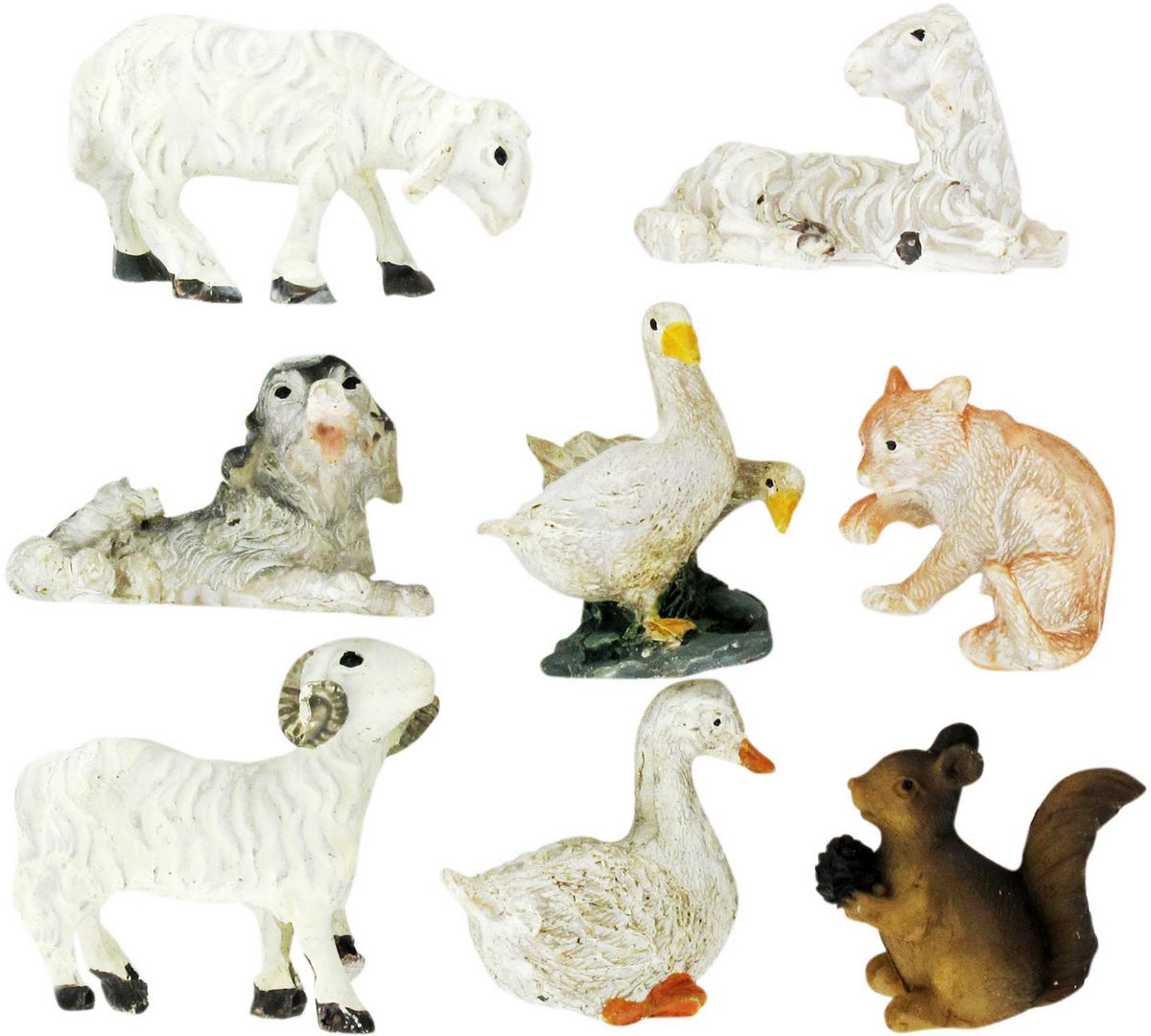 statuine animali presepe: set 8 statuette pecore, cane, oche, gatto, scoiattolo, in resina dipinta a mano (circa 2,5 cm)