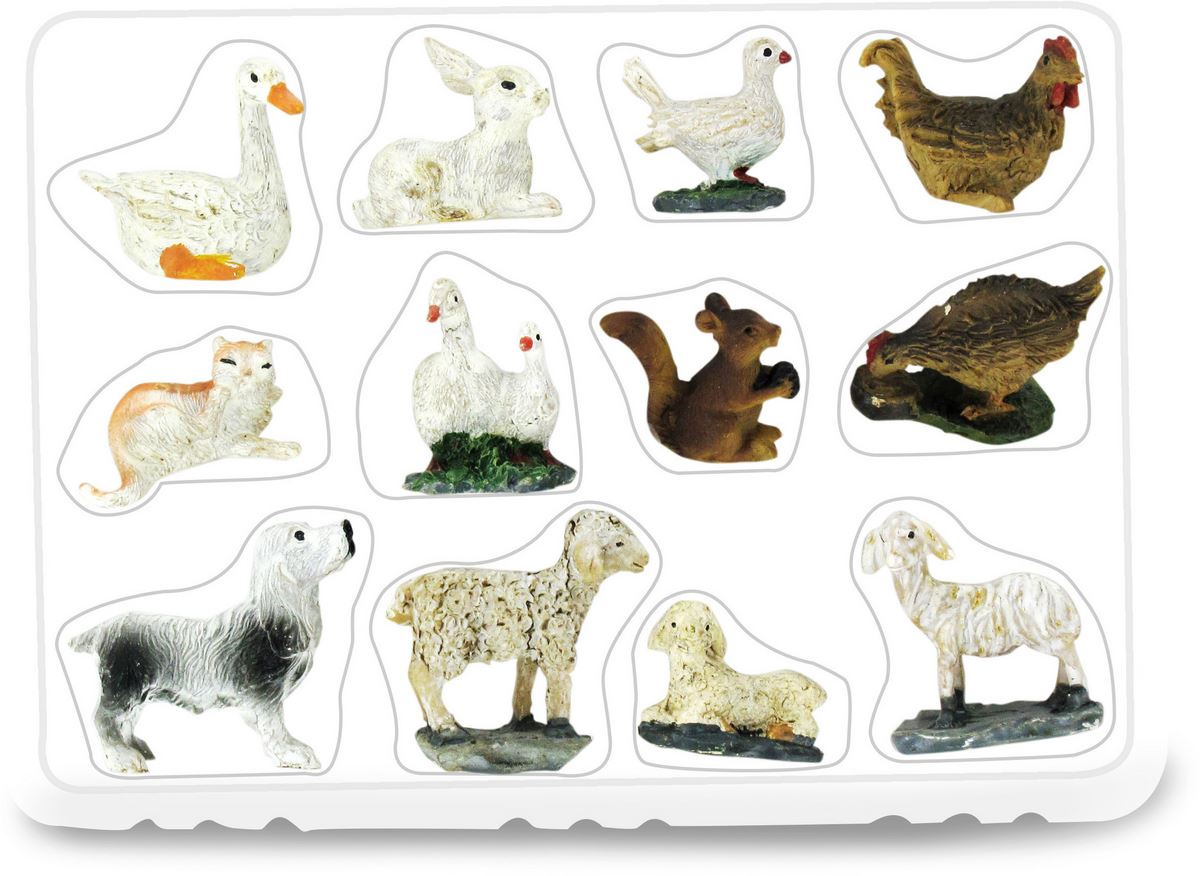 statuine animali presepe: set 12 statuette galline, coniglio, cane, oche, pecore, gatto, scoiattolo, in resina dipinta a mano (circa 2,5 cm)