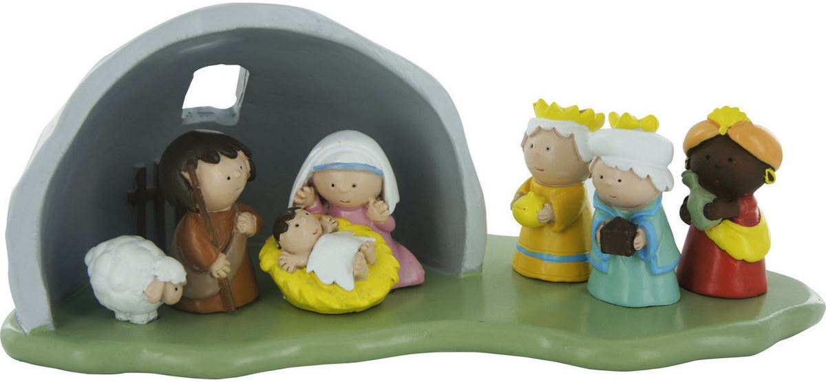 stock: natività con re magi in resina colorata su base 18 x 8 cm