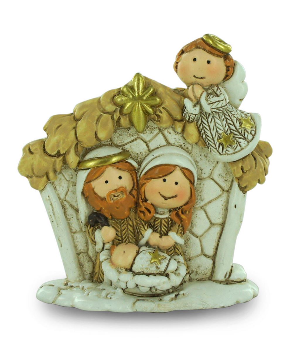 natività in resina colorata, decorazione natalizia/soprammobile, sacra famiglia con capanna e angelo, 6,5 x 7 cm