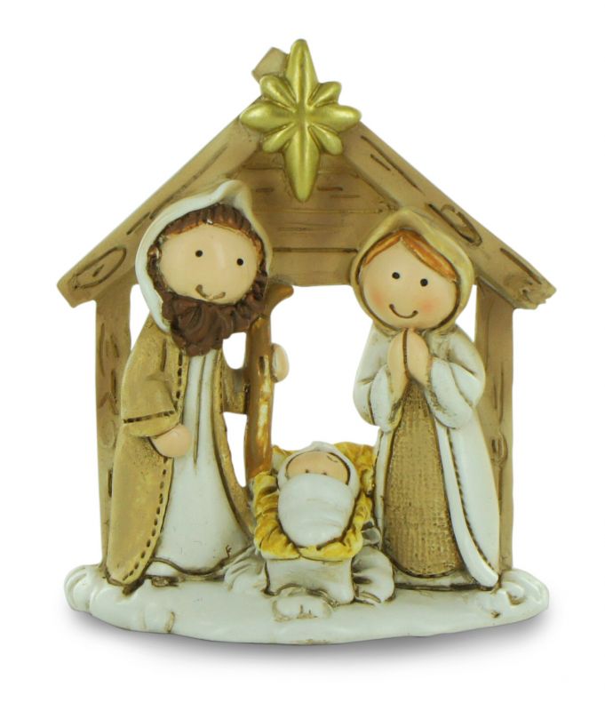 natività in resina colorata, decorazione natalizia/soprammobile, sacra famiglia con capanna e angelo, 6,5 x 7,5 cm