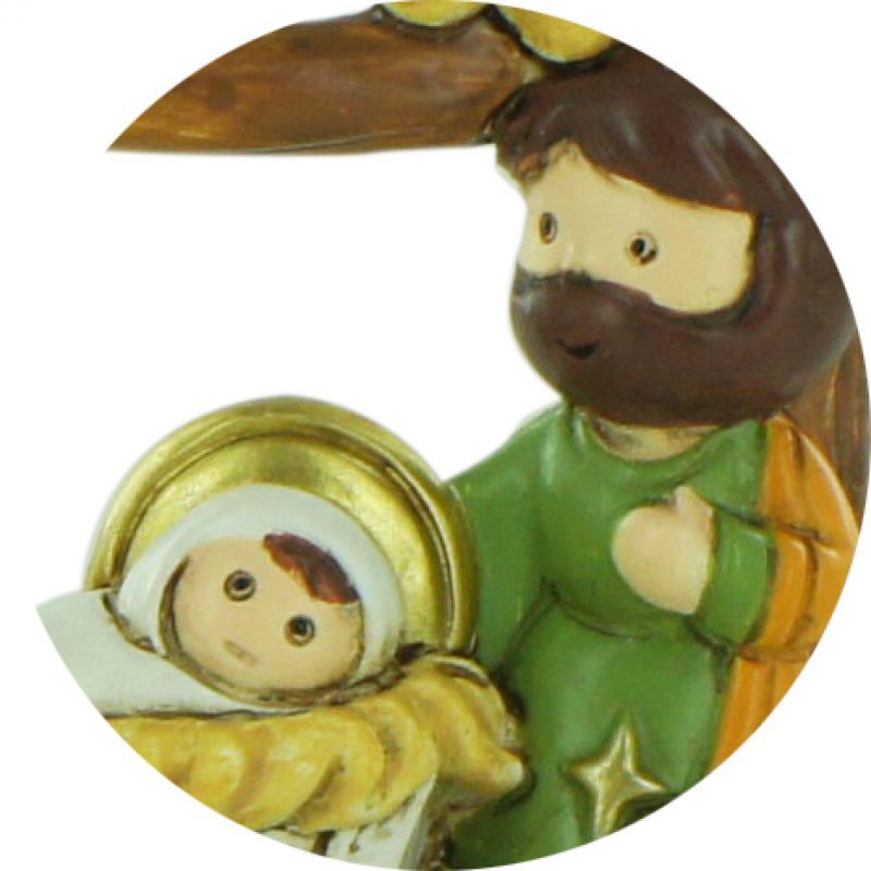 natività in resina colorata, decorazione natalizia/soprammobile, sacra famiglia con capanna e angelo, 6,5 x 6,5 cm