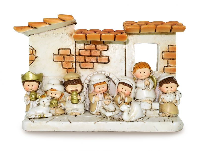 presepe per bambini con capanna e 10 personaggi in resina - 14,5 x 10 cm