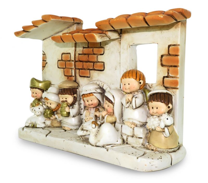 presepe per bambini con capanna e 10 personaggi in resina - 14,5 x 10 cm