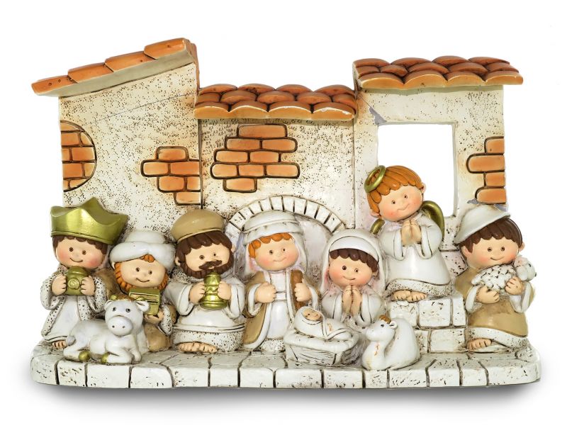 presepe per bambini con capanna e 10 personaggi in resina - 23 x 15 cm