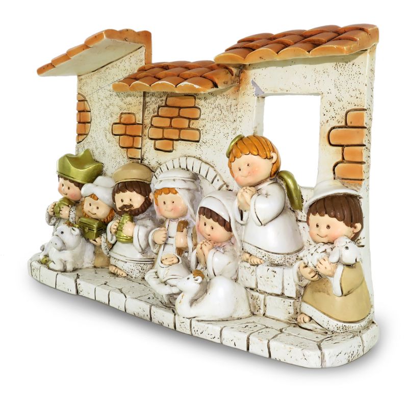 presepe per bambini con capanna e 10 personaggi in resina - 23 x 15 cm