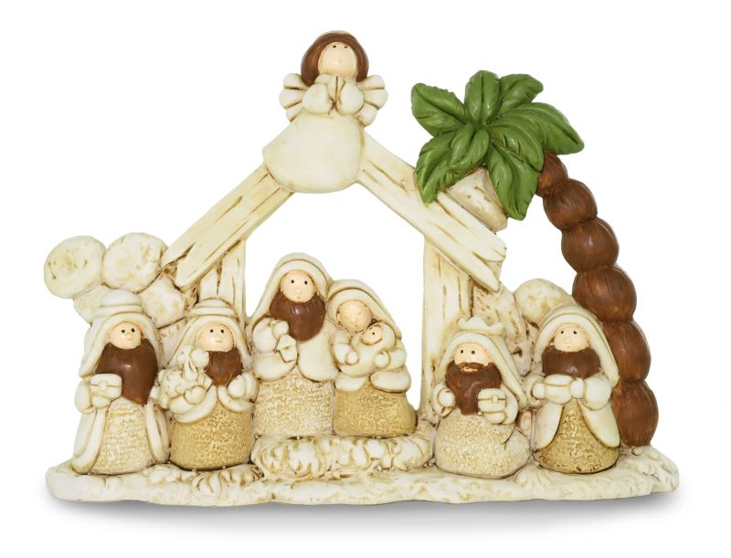 presepe per bambini con capanna e 8 personaggi in resina - 15,5 x 10,5 cm