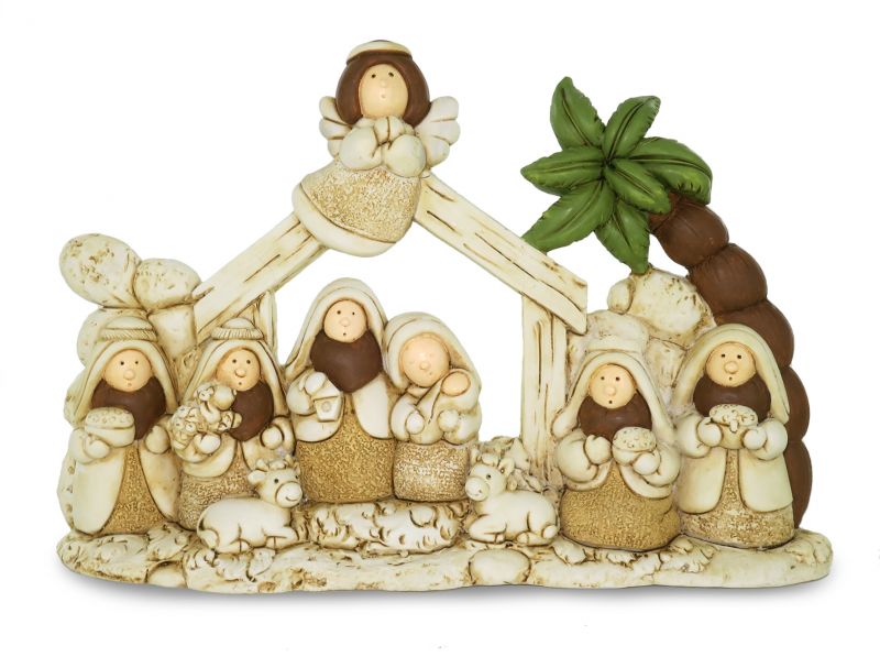 presepe per bambini con capanna e 9 personaggi in resina - 21,5 x 15 cm