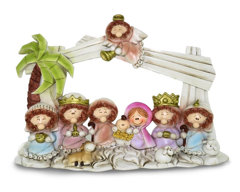 presepe per bambini con capanna e 10 personaggi in resina - 20 x 13,5 cm