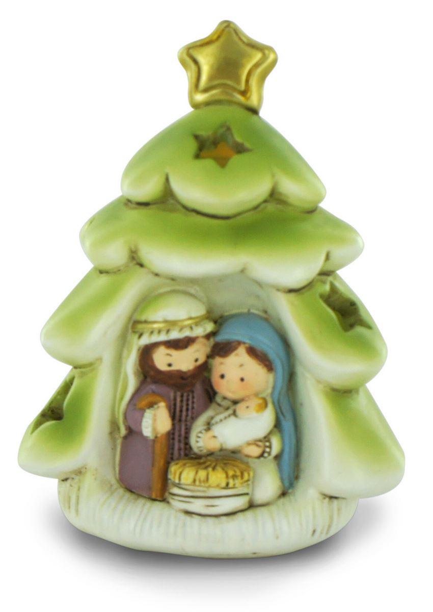 natività con 3 personaggi modello pino, albero di natale, soprammobile / decorazione natalizia con luci interne, resina, verde, 7 x 9 cm