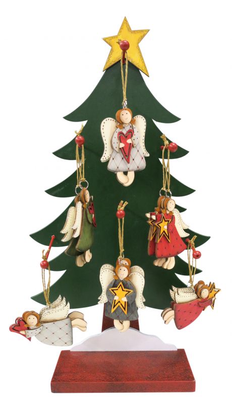 addobbi natalizi albero: 48 angeli in legno con espositore a forma di albero di natale