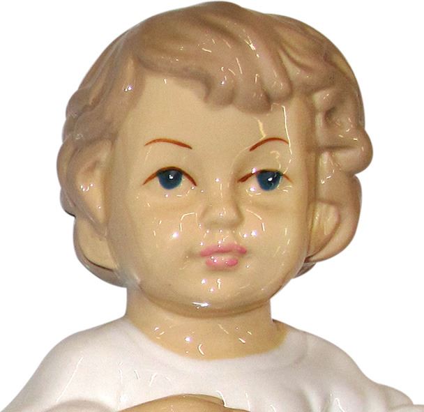 statua gesù bambino per presepe, sdraiato con occhi aperti, ceramica lucida, 13 centimetri
