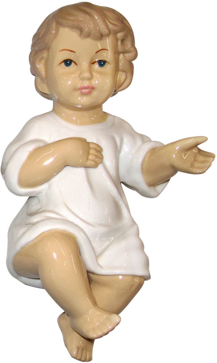 statua gesù bambino per presepe, sdraiato con occhi aperti, ceramica lucida, 23 centimetri