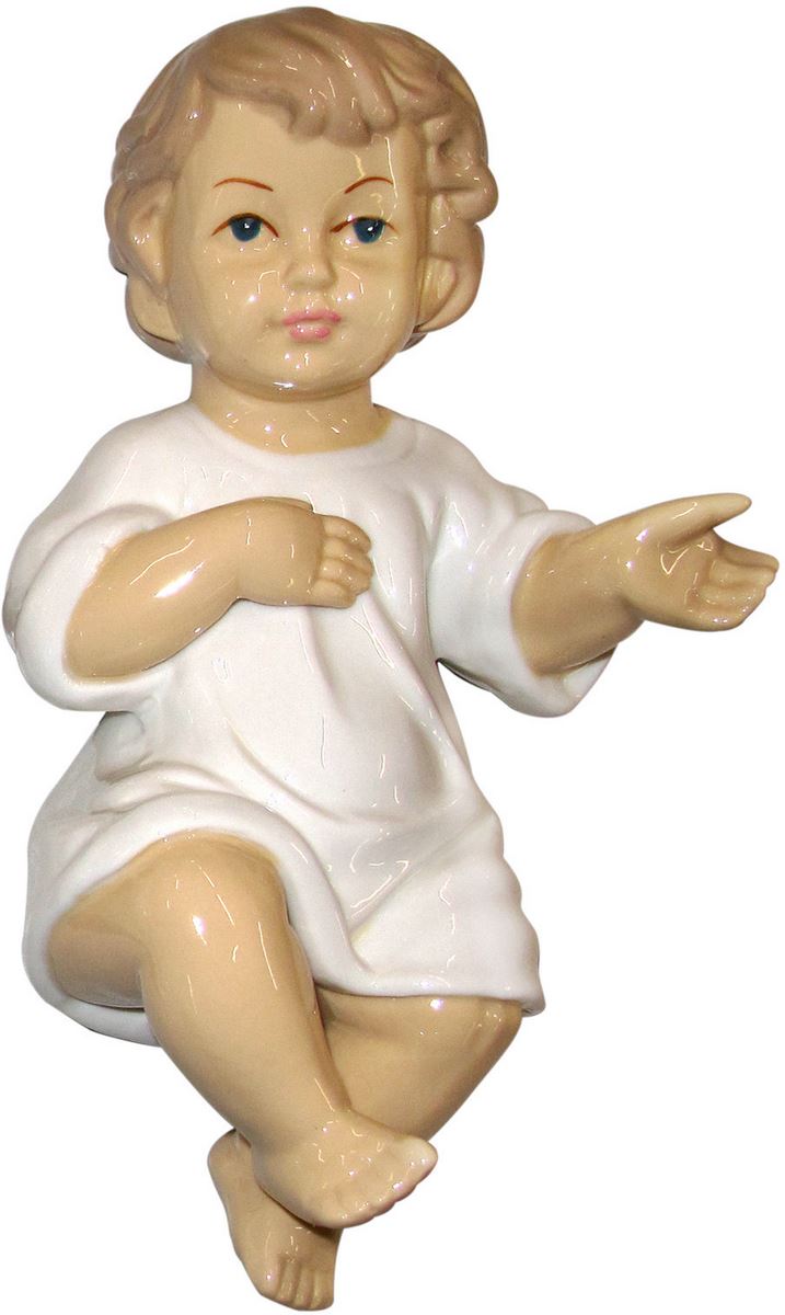 statua gesù bambino per presepe, sdraiato con occhi aperti, ceramica lucida, 27 centimetri