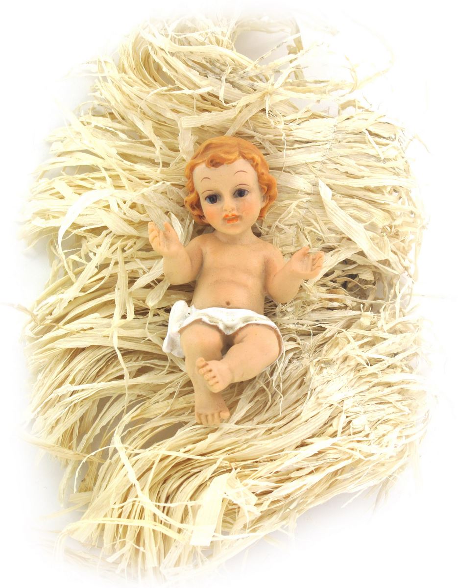 statuetta gesù bambino da 10 cm con simil-paglia per culla / mangiatoia, statuina di gesù bambino sdraiato su materiale tipo paglia per presepe, 5,5 x 10 x 4 cm