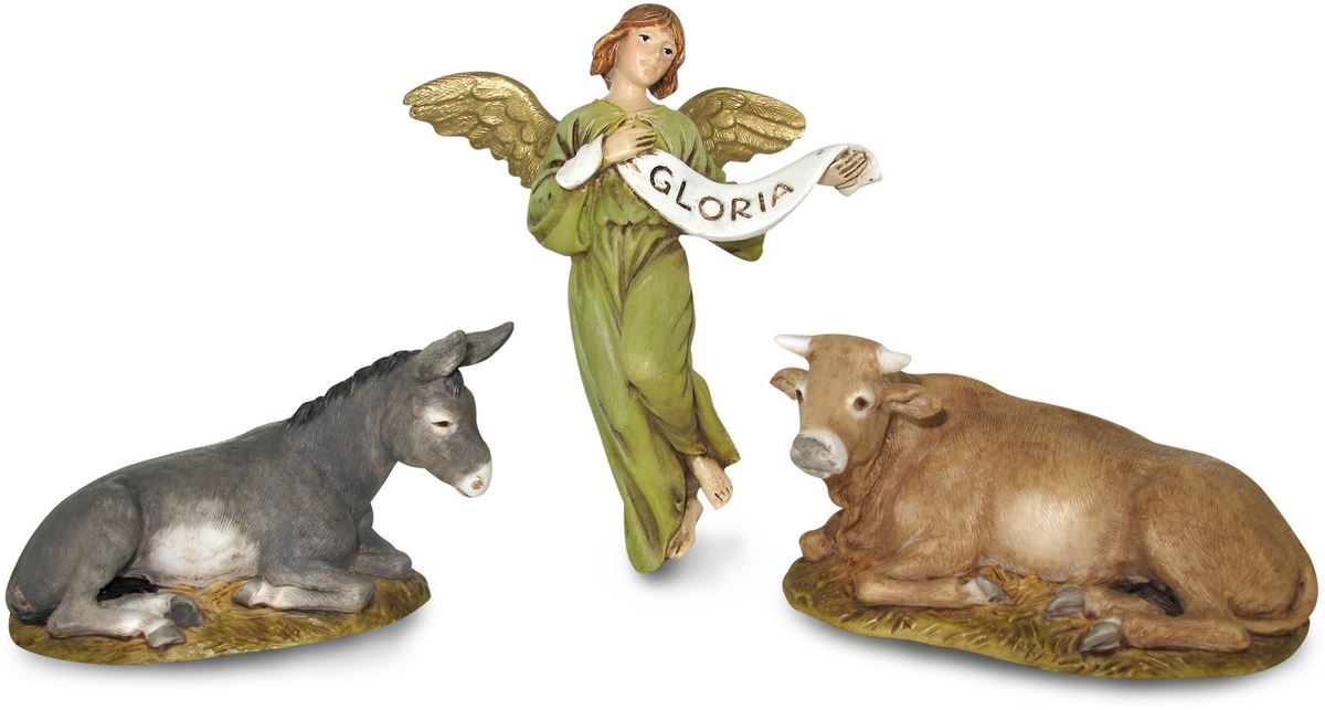 ferrari & arrighetti statuine per presepe, set statuine tradizionali del bue, asino e angelo gloria per presepe classico da 9 cm, stile martino landi, pvc