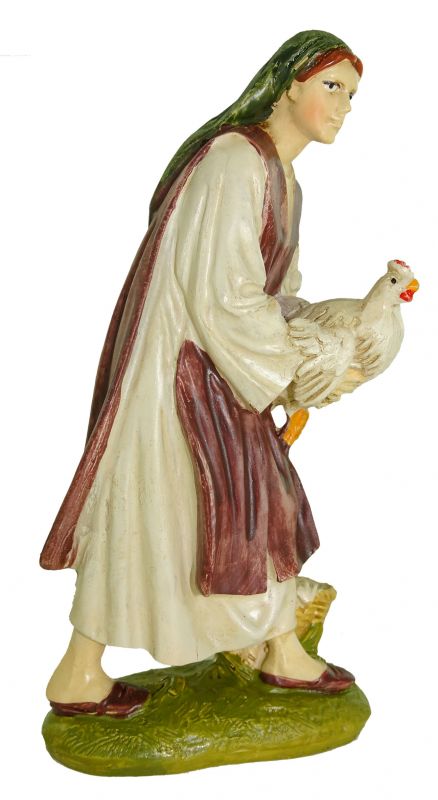 ferrari & arrighetti statuine presepe, statuina pastorella con gallina per presepe da 12 cm, statuina pastorella per presepe classico / tradizionale stile martino landi, resina dipinta a mano