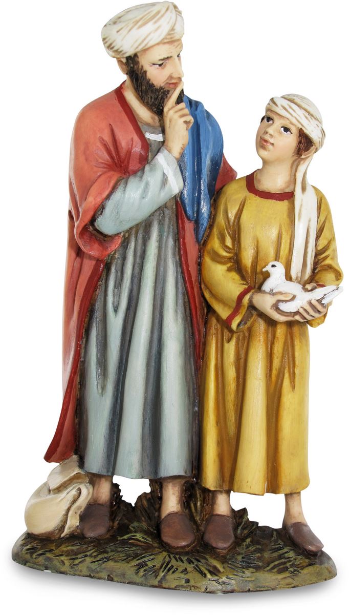 ferrari & arrighetti statuine presepe, statuina uomo e ragazzo con colomba per presepe da 12 cm, statuina per presepe classico / tradizionale stile martino landi, resina dipinta a mano