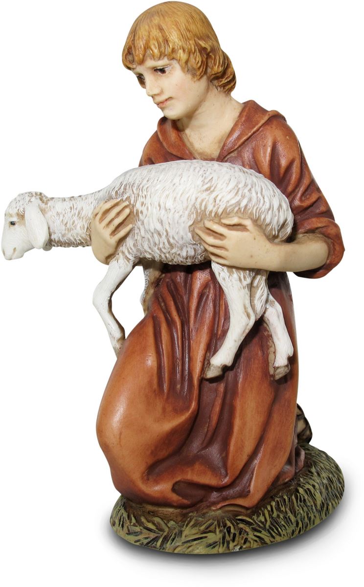 statue presepe: pastore in ginocchio con agnello linea martino landi per presepio da cm 50