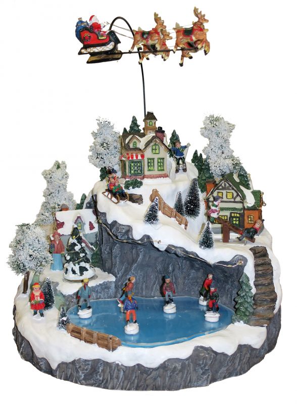 villaggio natalizio con slitta renna e lago ghiacciato, movimento, luci, musica (39 x 42 x 36 cm)