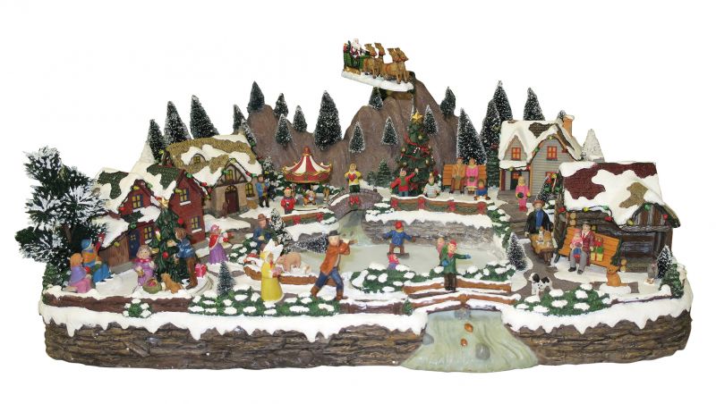 villaggio natalizio con slitta e pista di pattinaggio animate, movimento, luci, musica (64 x 27 x 46 cm)