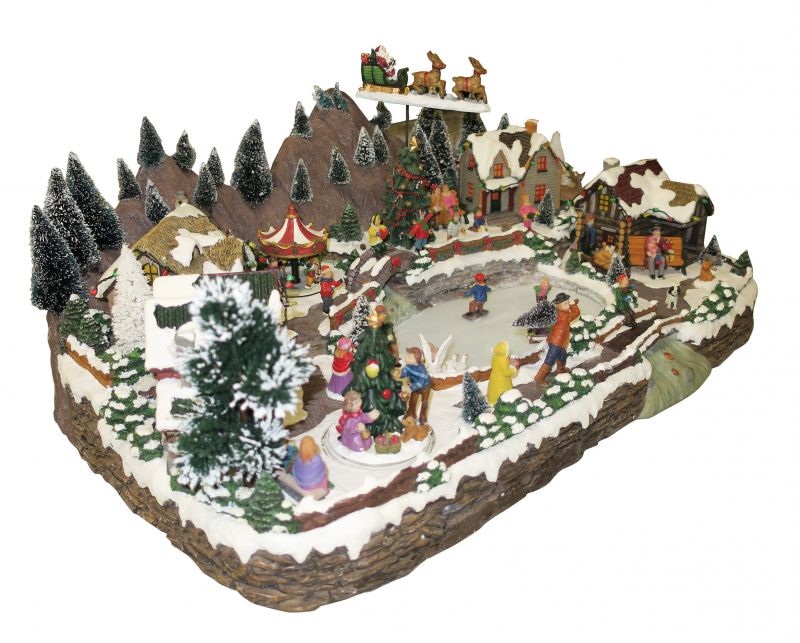 villaggio natalizio con slitta e pista di pattinaggio animate, movimento, luci, musica (64 x 27 x 46 cm)