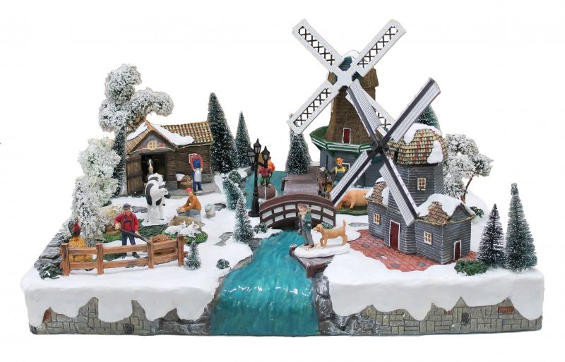 villaggio natalizio con paesaggio olandese, movimento, luci, musica (57 x 36 x 45 cm)
