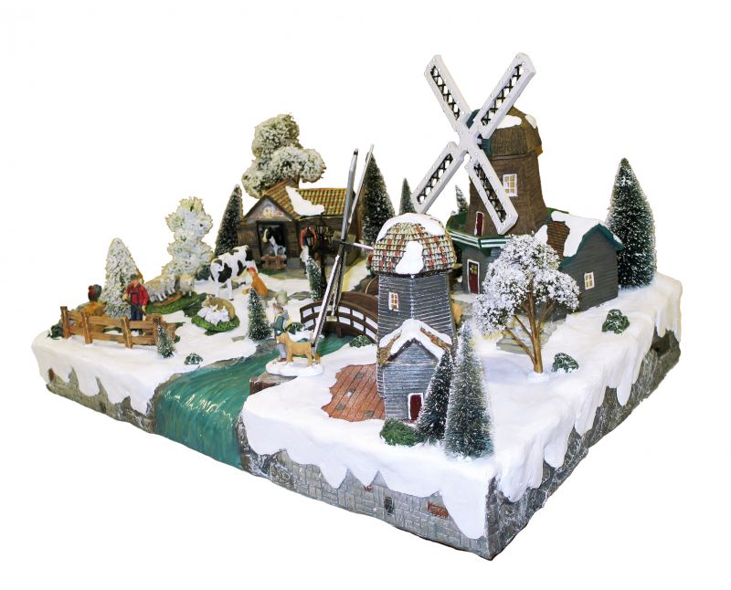 villaggio natalizio con paesaggio olandese, movimento, luci, musica (57 x 36 x 45 cm)