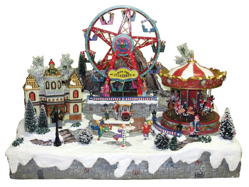 villaggio natalizio con giostra e luna park in movimento, luci, musica (60 x 48 x 49 cm)