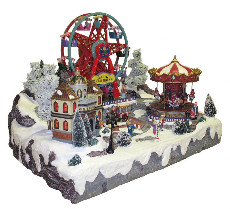 villaggio natalizio con giostra e luna park in movimento, luci, musica (60 x 48 x 49 cm)